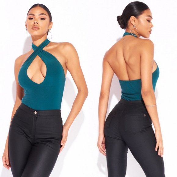 Tops - Green Sleeveless Halter Neck Keyhole Open Back Bodycon Bodysuit Top